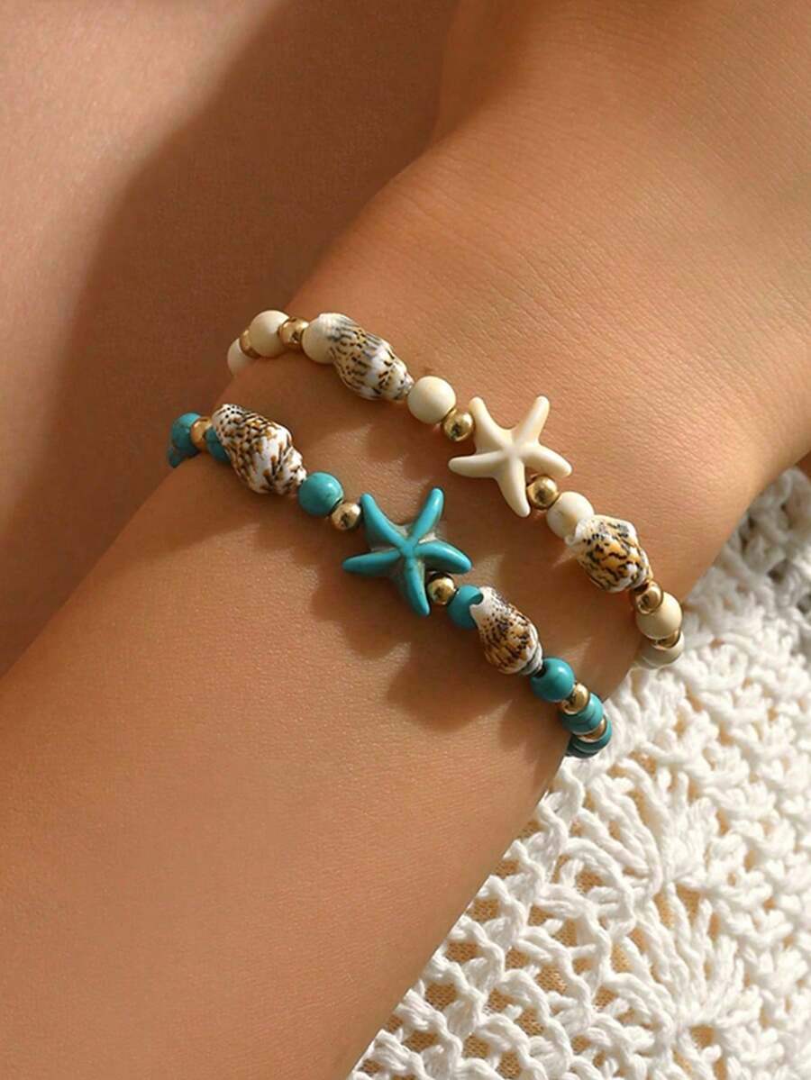 Bộ 2 vòng tay đính hạt hình sao biển phong cách Boho, thích hợp cho nữ giới đeo hàng ngày, dự tiệc, đi nghỉ mát. - Nhiều màu - Xem 1