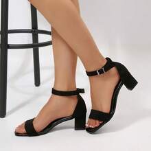 Women's Chunky Heel Open Toe One-Strap Square Toe Sandals, Minimalist Commuter Style, Black High Heel Sandals For Summer - Black - View 3