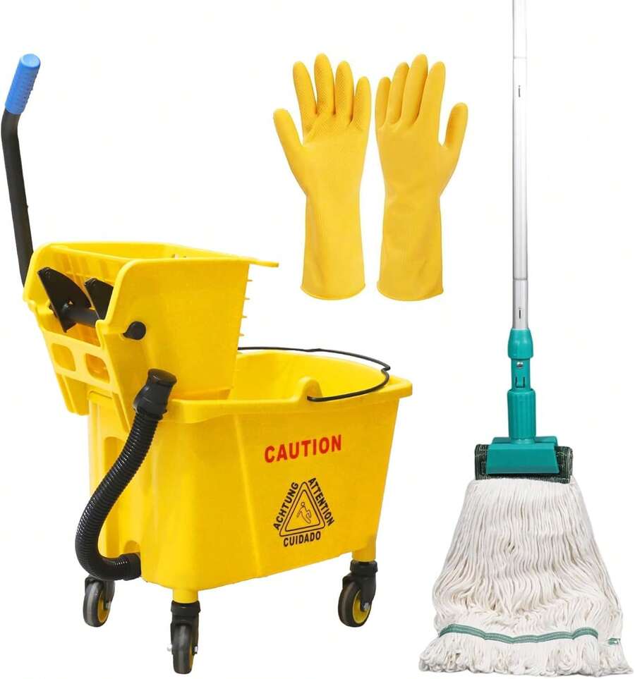 Side Press Wringer Combo Commercial Mop Bucket On Wheels, 35 Quart,Yellow, Including Commercial Mop And Rubber Gloves - 1 - Xem 1