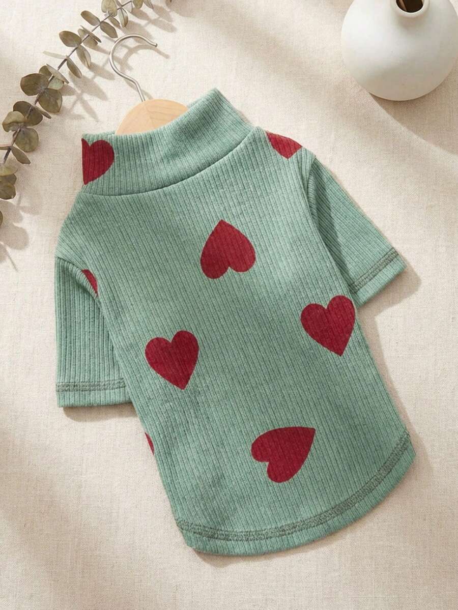 PETSIN 1pc Cat And Dog Universal Clothing, Casual And Comfortable Heart-Shaped Printed T-Shirt, Suitable For Small Dogs And Pets To Wear All Year Round Pullover - bean green - View 1