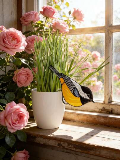 1pc Colorful Hummingbird Planter Decor, 2D Flat Ceramic-Look Hummingbird Planter Decoration, Suitable For All Seasons Gifts, Colorful Blue Bird Design, Ceramic-Look Colorful Hummingbird Planter Decor, Potted Bird Insert Decoration, Suitable For Ceramic Or Vase Garden Decor, Plastic Garden Decor