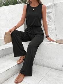 Spring/Summer Women's Casual Crew-Neck Sleeveless Drawstring Wide-Leg Pants For Vacation Jumpsuit - Black - View 2
