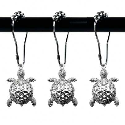 Set de 12 ganchos para cortina de ducha con diseño de tortuga marina, anillos de cortina de ducha de metal plateado, conjunto de accesorios decorativos para baño, decoración de baño con tema de playa tropical