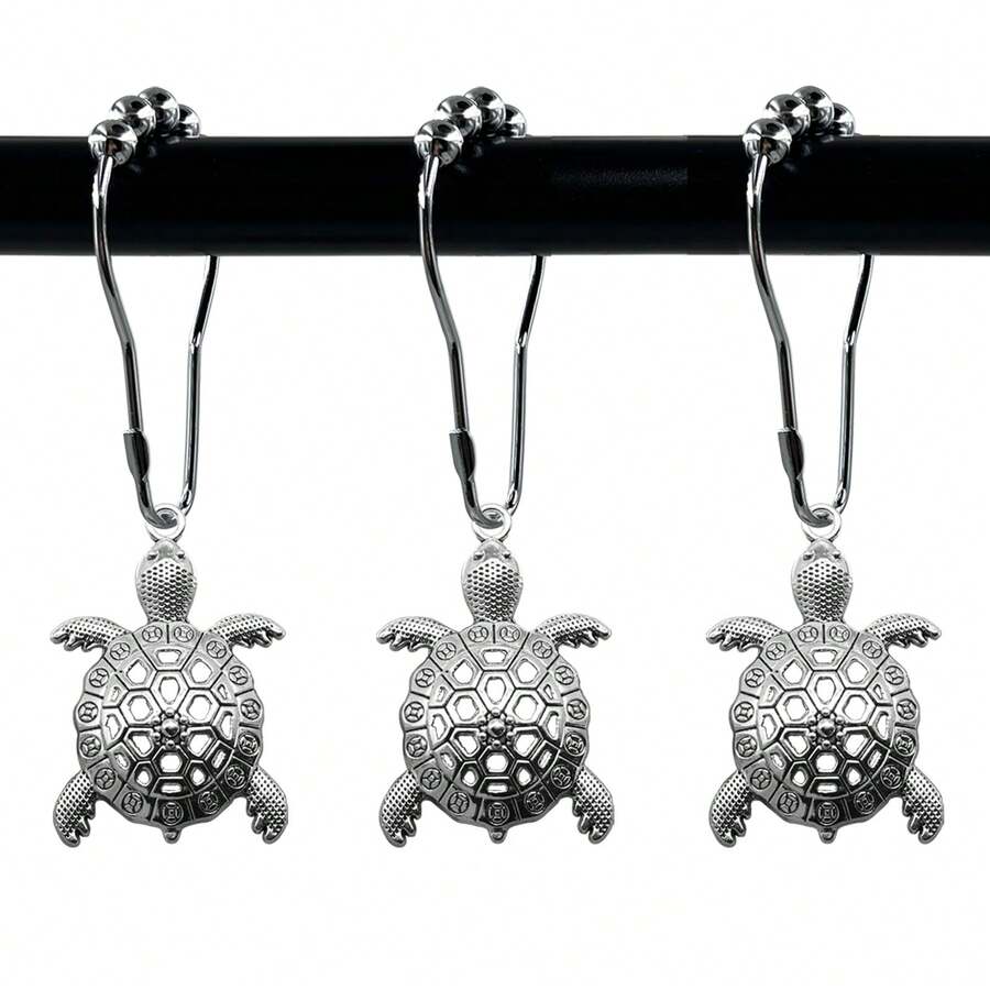 12pcs/Set Sea Turtle Shower Curtain Hooks, Silver Metal Shower Curtain Rings, Decorative Bathroom Accessories Set, Tropical Beach Themed Bathroom Decor - 12pcs - View 1