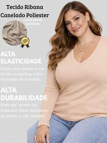 Women's Plus Size Long-Sleeved Blouse With A V-Neck And Regular Fit, Made From Soft, Highly Stretchy Fabric, With A Comfortable Regular Hem. - 裸體 - 查看 3