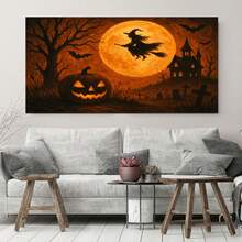 Impresión de lienzo de Halloween vintage - Bruja en escoba, calabaza y murciélagos - Decoración de hogar espeluznante, Arte de lienzo de pared de Halloween - Bruja voladora sobre luna llena, Casa embrujada y calabacín, Arte de pared de Halloween aterrador - Silueta de bruja, Escena de cementerio y calabaza - Decoración de lienzo gótico - Enmarcado - Ver 2