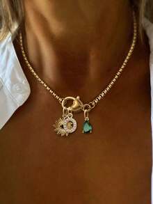 1pc Luxury Heart-Shaped 26 Full Diamond Letter Pendant Necklace, Stainless Steel Chain With Devil's Eye Pendant, Elegant Gift For Women Party - Yellow Gold - View 17