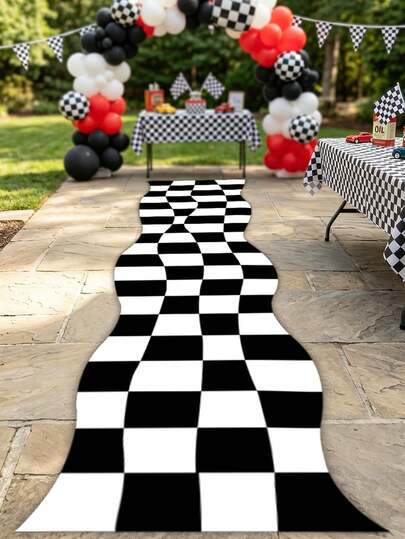 Tapete de corredor xadrez preto e branco (1 conjunto), ideal para decoração de festa temática de País das Maravilhas, festa com tema de carros de corrida, tapete de fundo, decoração para festa de aniversário, decoração para chá de bebê, artigos para festa do chá e decoração para festas de fim de ano.
