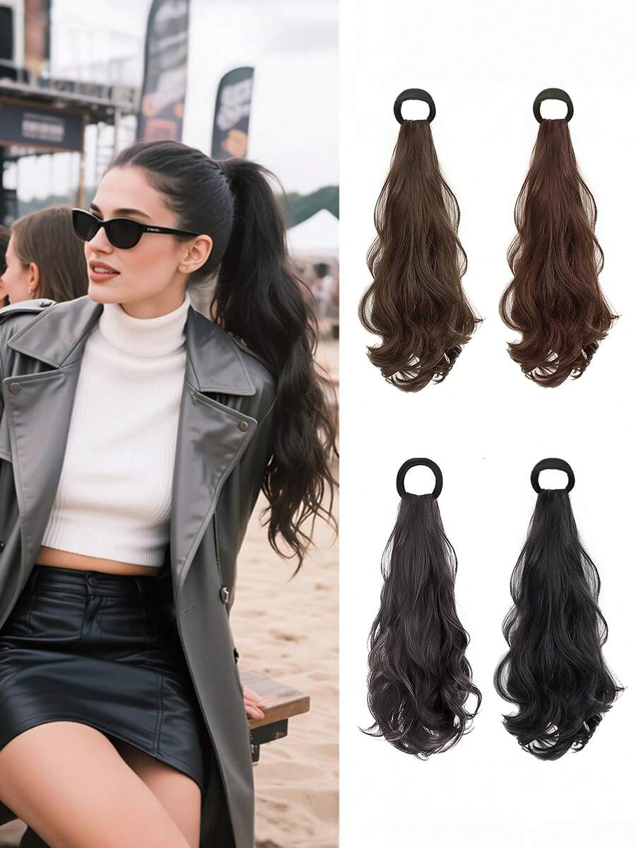 18英寸女士日常使用波浪卷发马尾发圈 • 自然发质弹力发带 • 卷发马尾发饰