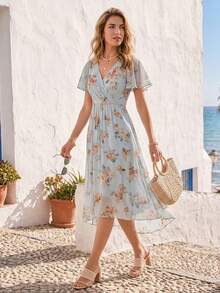 EVERPRETTY Vintage Chiffon Ruffle Asymmetric/Asymmetrical Bridesmaid Dress, Suitable For Wedding, Party, Graduation, Anniversary, Birthday, Cocktail, Date, Holiday, Formal Dinner, Wedding Guest, Homecoming, Travel, All Seasons - Blue - View 5