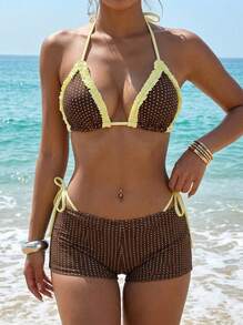 Sultry Sol 3pcs Women Bikini Swimwear, Casual Polka Dot Pattern Beach Swimwear, Brown & Yellow Shorts, Fashionable For Outdoor, Fitness, Daily Wear, Y2K, 2000s - Brown - View 1