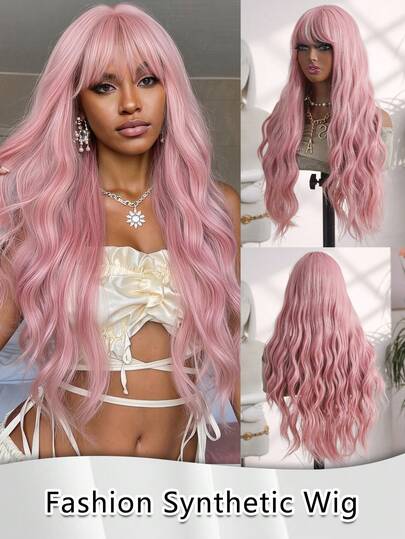 26 Inch Wine Red/Light Red Wigs For Women Long Burgundy Wavy Wigs With Bangs Cosplay Party Daily Wig Synthetic Fake Hair High Temperature Wig Fully Machine Manufactured For Daily Gatherings, Water Wave High-Quality Women's Natural And Beautiful Synthetic Soft Fake Fiber Hair FestivalRole-Playing Ideal For Themed Events And Casual Attire, Wigs For Women Wavy Natural,Rose Mesh Cap Comfortable Suitable For Everyday Wear And Parties