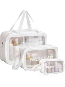 1 pieza Bolsa de cosméticos de PVC transparente de gran capacidad, bolsa de aseo impermeable de PU portátil, bolso de mano de mujer, bolsa de almacenamiento para viajes/Blanco - Blanco - Ver 2