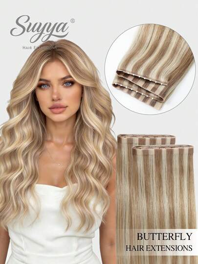  SUYYA 2PCS 18 Inches Màu #18/613 Tóc vàng tro highlight vàng bạch kim, kiểu dệt bướm, tóc thật, không keo dán, lỗ chân lông OVO PU, kiểu dệt tay Genius, vô hình, tự làm, hai lớp, tóc thẳng
