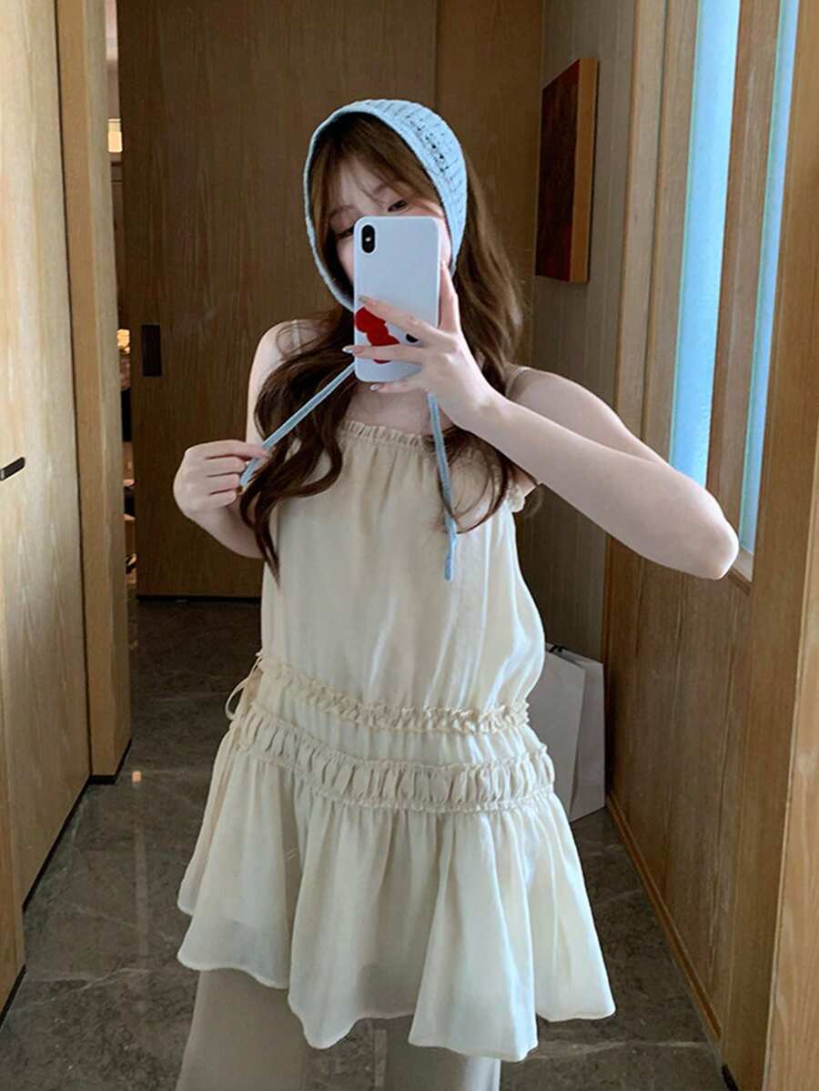 Frill Trim Camisole Dress, Gentle And Elegant Summer - Apricot - View 1