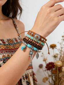 Bộ 5 vòng tay phong cách Bohemian, trang sức đính hạt bằng da PU màu ngọc lam cổ điển với mặt dây chuyền hình lá/tua rua nhiều lớp, phù hợp cho các buổi hòa nhạc, kỳ nghỉ, hẹn hò, lễ hội và đeo hàng ngày. Đây là phụ kiện đính hạt, hoàn hảo cho phụ nữ quanh năm. Một món quà lý tưởng cho Ngày của Mẹ, Giáng sinh, Ngày Valentine dành cho phái nữ. - Nhiều màu - Xem 7
