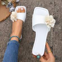 New Plus Size Loose Comfortable Square Toe Floral Print Slip-On Sandals, Suitable For Beach, Vacation And Casual Wear - White - View 2
