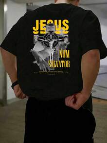 Camiseta negra para hombre, estampado de cruz de Jesús, paloma y letras JESUS NUM SALVATOR amarillas en la espalda, estilo religioso, ropa casual de moda - Negro - Ver 7