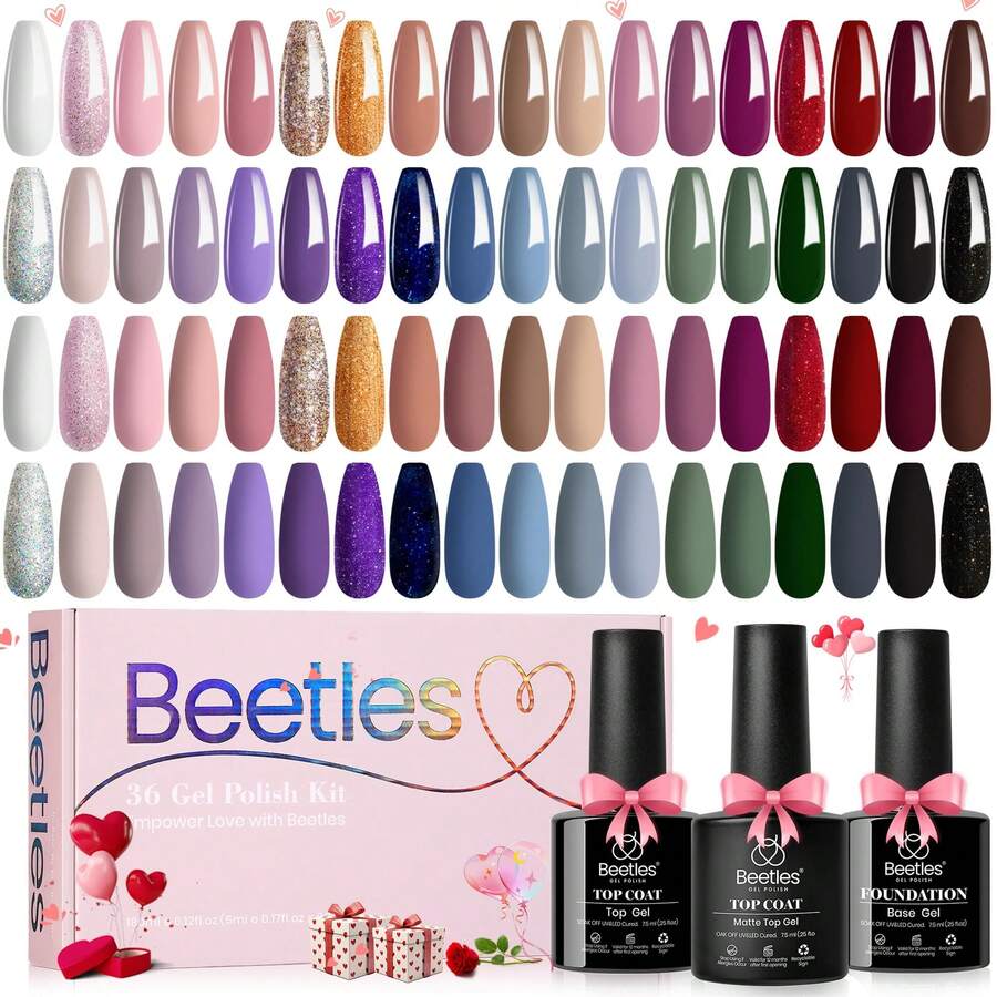 Beetles 39Pcs 36 Colors Gel Nail Polish Set, Neutral Elegance Collection, Burgundy Red Blue Green Brown Gold Glitter Pink Shades, With Base & Top Coat, UV LED Cure Required, Manicure Kit Gifts For Women - 39Pcs 36 Colors Neutral Elegance - 查看 1