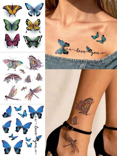STARTTOOS 闪亮蝴蝶临时纹身贴纸 - 简约闪亮彩色蝴蝶设计 Y2K 风格假纹身贴纸，适用于音乐节、DIY 动漫展、嘉年华、情人节、派对节日礼物，防水逼真纹身贴纸，可贴于手腕、脚踝、肩膀、脖子、锁骨