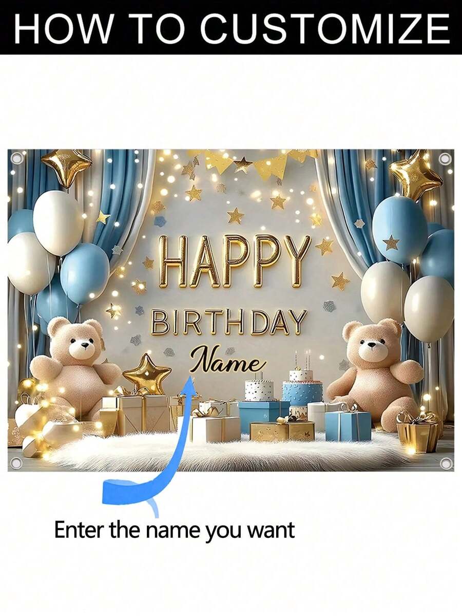 Customizable Name Teddy Bear Theme Birthday Banner, Made Of Durable Fabric, Can Be Used As Photo Background, Birthday Party Decor, Back To School