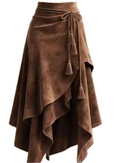 Falda midi A-corte de gamuza color malva, diseño irregular con cordón, efecto adelgazante, modelo nuevo 2026 para mujer