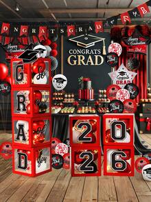 Decoraciones de graduación 2026 - Decoraciones de graduación en rojo y negro - Caja de globos con "Clase de 2026" - "Graduación: Estoy orgulloso de ti" - Adecuado para decoraciones de fiesta de graduación de cualquier grado - Caja de globos de graduación rojos y negros - Ver 6