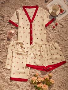 3pcs/Set Women's Comfortable Loose Cherry Pattern Bow Print Pocket Front Button Short Sleeve Shorts & Pants Pajama Set, Spring/Summer - Beige - View 1