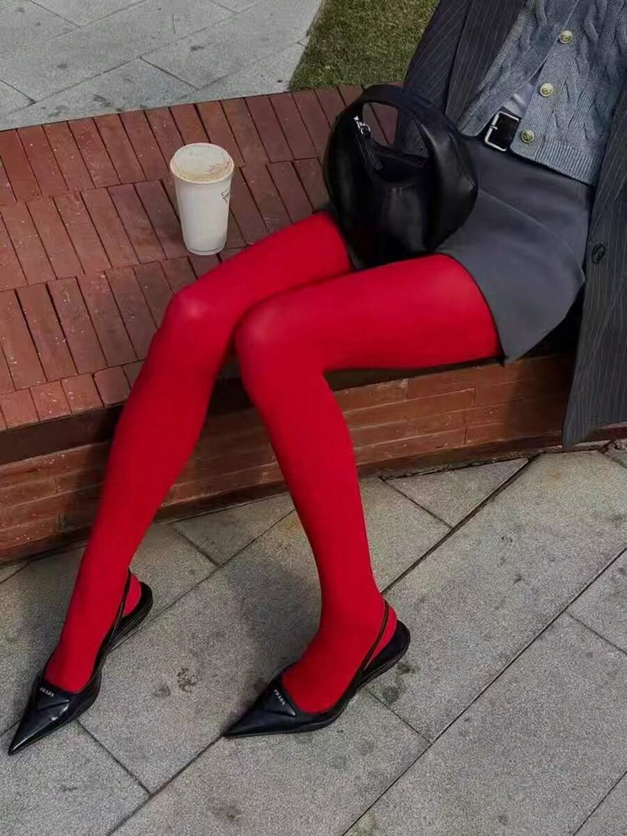 TARUXY 女士红色透明紧身裤，连体紧身连裤袜，新款性感踩脚裤袜 - 彩色 - 查看 1