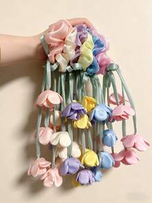 1条女士优雅郁金香花朵丝带发圈，甜美花朵弹力发带，高端花朵发绳，适合日常使用，可扎马尾辫，可作发圈、橡皮筋、发绳、弹力发圈 - 彩色 - 查看 19