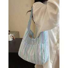 Large Capacity Women Cloth Tote Bag, Shoulder Bag, Casual Stripe Fabric Handbag , Pink , Beach - 藍色 - 查看 4