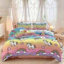 Juego de 3 piezas (1 Funda nórdica + 2 Fundas de almohada, sin relleno), Juego de ropa de cama con estampado de poni y arcoíris de dibujos animados coloridos, Suave y agradable para la piel, Apto para todas las estaciones. Disponible para cama doble extra grande, Cierre con cremallera, Lavable a máquina, Excelente decoración de dormitorio o regalo - Multicolor - Ver 6