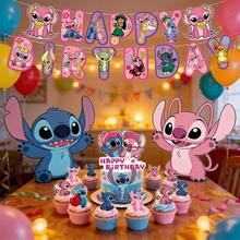 Disney 史迪奇主题派对装饰套装，粉色生日彩旗，蛋糕装饰，莉萝与史迪奇生日甜点桌用品 - 彩色 - 查看 9