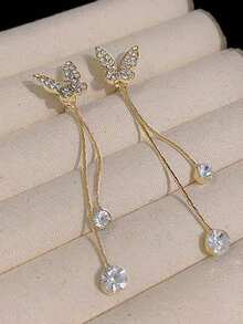 1 Pair Elegant & Cute Rhinestone Butterfly Earrings With Detachable Tassels, Suitable For Women's Daily And Date Wear - Yellow Gold - View 5