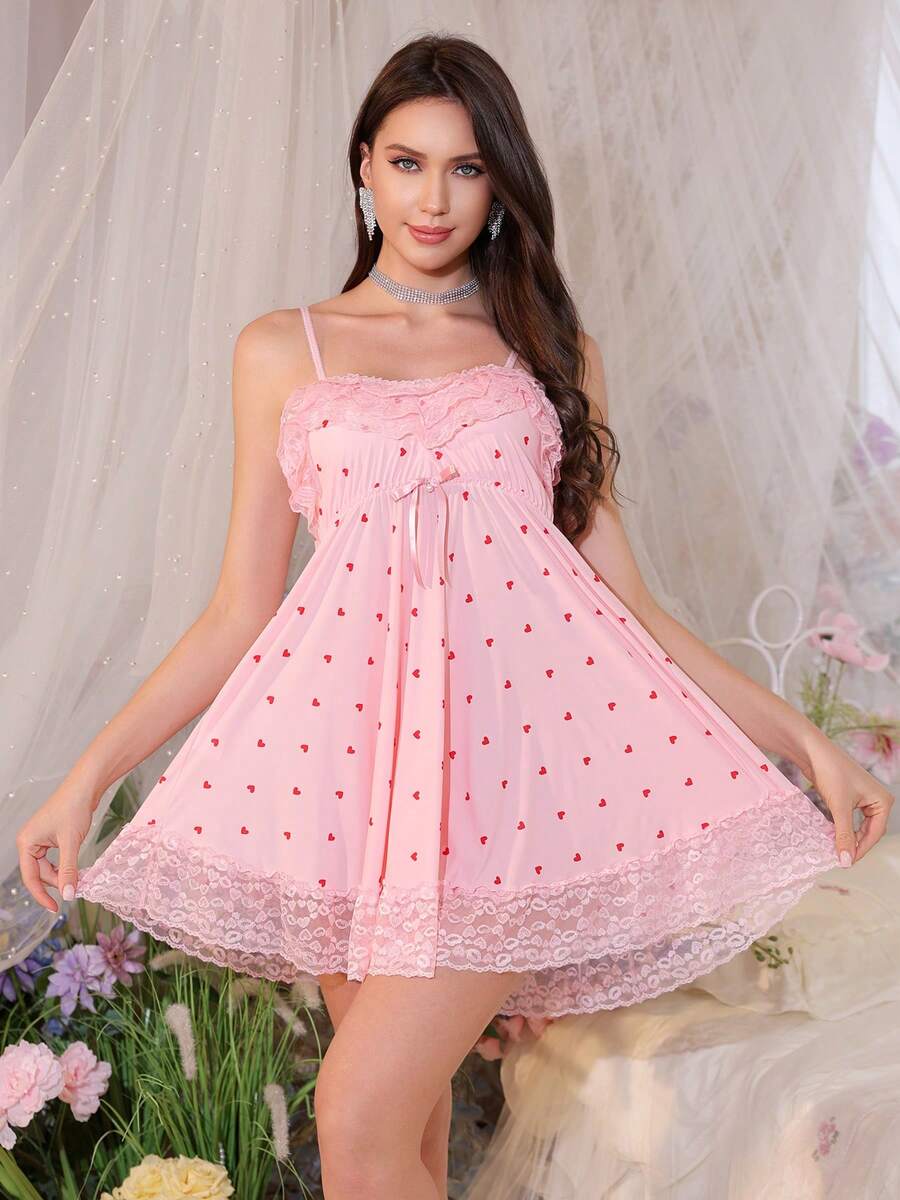 Váy ngủ phối ren, váy hai dây in hình trái tim màu hồng nữ tính. - Hồng - Xem 1