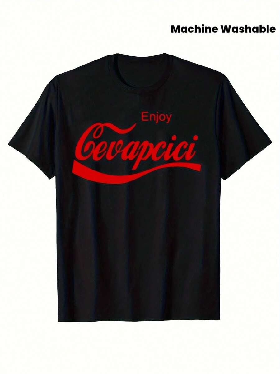 Camiseta unissex para adultos, divertida _Enjoy Cevapcici_ Re, estilo descontraído, roupa de verão, camiseta com estampa gráfica, estampa de letras, lavável à máquina, lavável a seco, vestuário unissex, camiseta estampada, para homens e mulheres, algodão macio, uso casual diário, leve, tecido respirável, fofa, perfeita para férias, blusas femininas, camisetas femininas - Preto - Ver 1