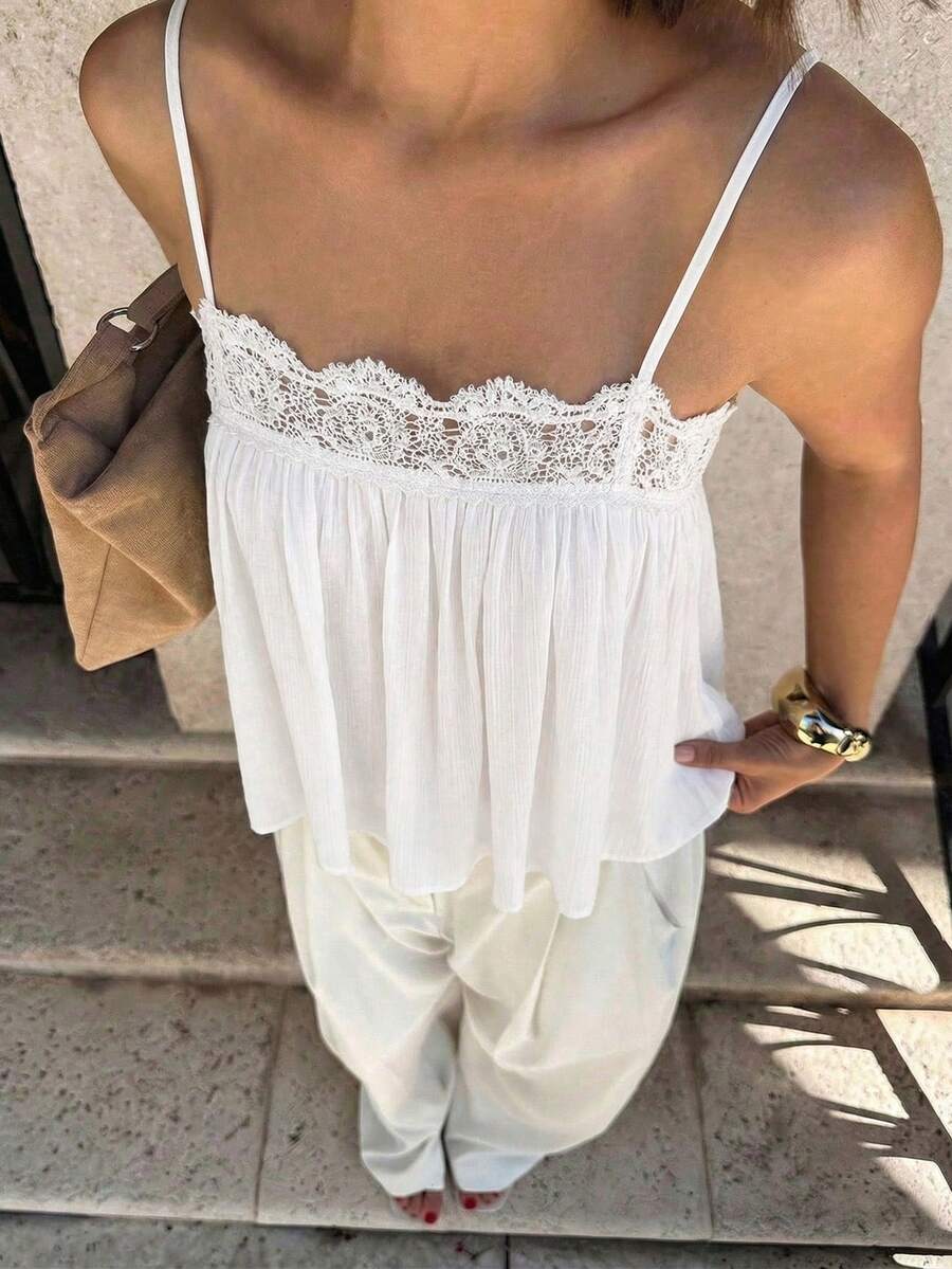 ELVA Women's Elegant Fashionable Charming Hollow Lace Patchwork Sleeveless Top For Summer Vacation And Commute, Solid Color Micro-Textured Design Casual Sleeveless White Top, Suitable For Beach, Mother's Day, Outdoor, Romantic Tea Party, Wedding, Party, Date, Garden - White - View 1