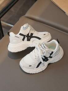 1 par de zapatos deportivos transpirables para niños, diseño minimalista a rayas blancas y negras, suela antideslizante - Negro - Ver 1