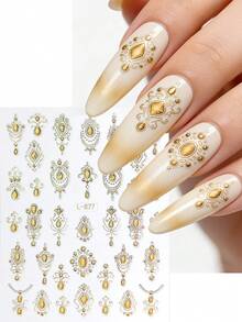 3 pezzi Adesivi per unghie dorati, design con gemme dorate in rilievo, decorazioni reali, autoadesivi, regalo per donne, decorazione fai-da-te per manicure, forniture per nail art - Multicolore - Visualizzare 3