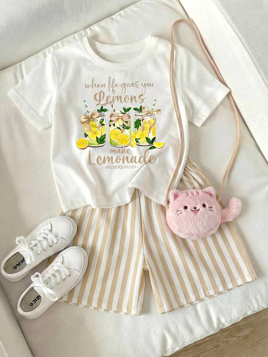 2pcs/Set Young Girl' Lemon Soda Print Short Sleeve T-Shirt And Striped Shorts Set, Summer - Apricot - View 1