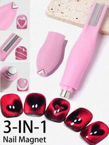 Pink 3D Heart Nail Art Magnet, 9-In-1 Cat Eye Magnet, Double Line & Moon Snake Pattern, Flower & French Nail Art Design, Multi-Effect UV Gel Tool, Suitable For Home, Nail Salon, DIY, Christmas, Valentine's Day, Mother's Day Gift, Suitable For Beginners, Nail Artists, DIY Enthusiasts, Women - Pink - View 3