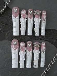 CrystalHola 10片手工加长亚克力方形美甲贴纸,粉色系,Y2K风格,芭蕾舞风格,蝴蝶结,爱心,简约,闪亮钻石设计,全覆盖,可移除可重复使用,持久耐用,独特的夏季美甲,派对和婚礼必备时尚配饰 - 彩色 - 查看 4