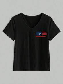EMERY Camiseta gráfica de mujer con cuello en V con bandera y texto en inglés, para uso casual diario MMJ1 - Negro - Ver 2