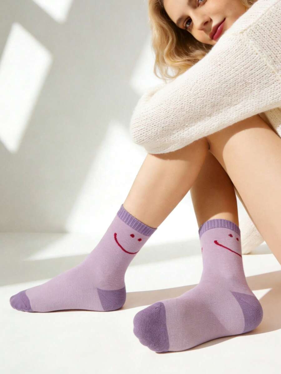 1双女士淡紫色笑脸透气中筒袜，薄款，适合春秋季穿着 - 紫丁香色 - 查看 1