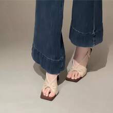 2026 Summer Beige New Square Toe Thin High Heel Bowknot One-Strap Fashionable Versatile High Heel Sandals, Suitable For Party, Date, Valentine's Day Gift - Apricot - View 3