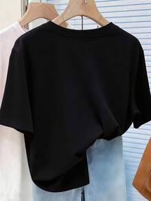 甜美清爽蝴蝶结图案T恤，女士粉色丝带波点短袖休闲T恤，夏季日常上衣 - 黑色 - 查看 2