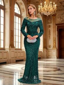 Romagic Long Sleeve Floral Sequin Patchwork Mesh Evening Maxi Dress Elegant Party Event Gown For Women - Dark Green - View 2