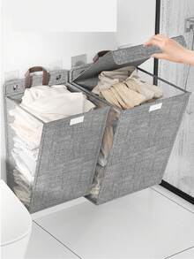 1PC Beige/Gray Hanging Laundry Hamper With Lid, Large-Capacity Wall-Mounted Clothes Storage Bag, Home Storage & Organization, Minimalist Style, Linen-Like Material, Rectangular Shape, With Visible Mesh Window & Leather Handle - Multicolor - View 9