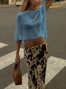 Sylvia 女士夏季纯色镂空蝙蝠袖船领宽松罩衫，轻薄网眼针织面料，防晒百搭，休闲舒适，简约性感，甜美清爽的海滩度假旅行装 - 藍色 - 查看 2