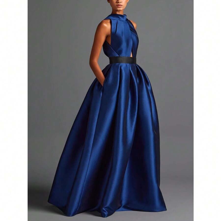 Local Delivery- Women'S Satin Cami Back Pleated Maxi Dress Featuring Pockets - Dark Blue - 查看 1